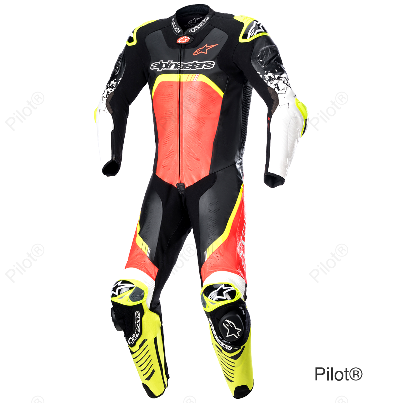 GP Tech v4 Leather Suit - Black/Red/Yellow Fluorescent - US 48 / EU 58