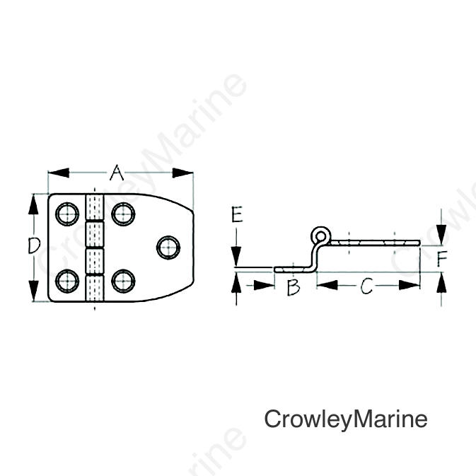 Sea-Dog 2035121 Dampening Offset Short Side Door Hinge #8 FH Weight .10/ .20 A=2-18", B=5/8", C=1-3/8", D=1-1/2", E= 1/16",  F=3/8"