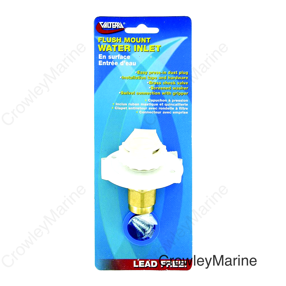 Valterra White Flush Mount FPT Brass Check Valve RV Water Inlet | Includes Screws, Putty Tape & Teflon Tape