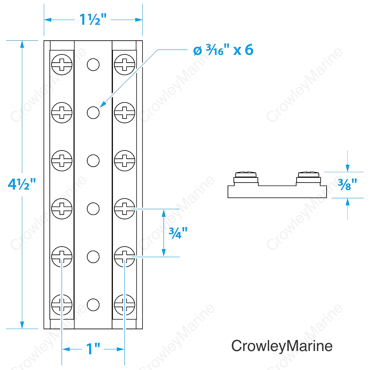 Seachoice Terminal Block, 6-Gang, Brass Clips and Contacts
