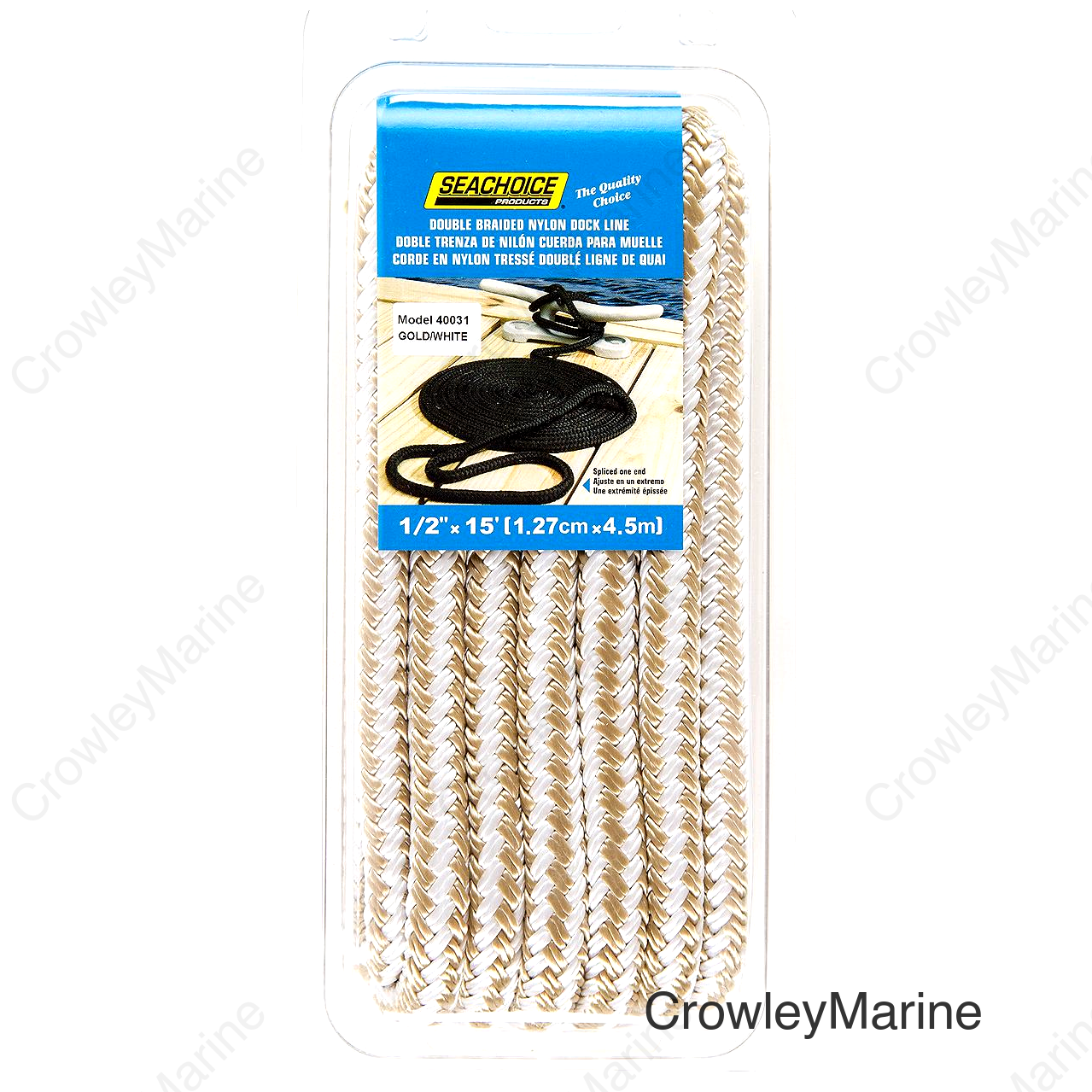 Seachoice Double-Braid Nylon Dock Line w/ Eye Splice, Pre-Shrunk, Heat Stabilized, 1/2 In. X 15 Ft., Gold White
