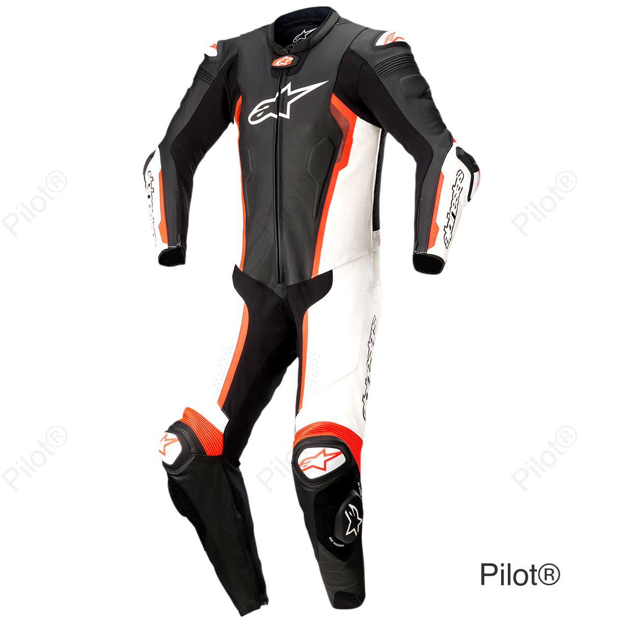 Missile v2 - 1-Piece Leather Suit - Black/White/Red Fluorescent - US 46 / EU 56